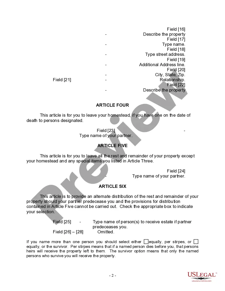 Preview Last Will and Testament for a Civil Union Partner with No Children