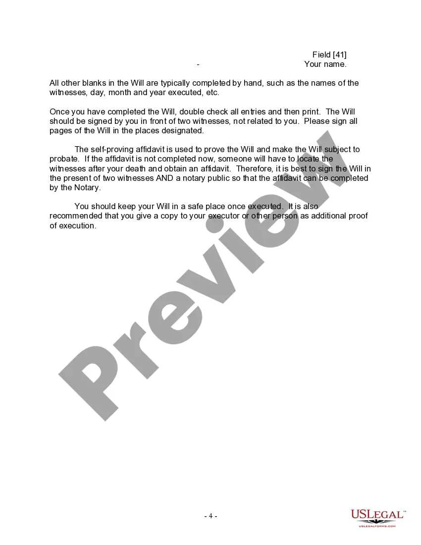 Preview Last Will and Testament for a Civil Union Partner with No Children