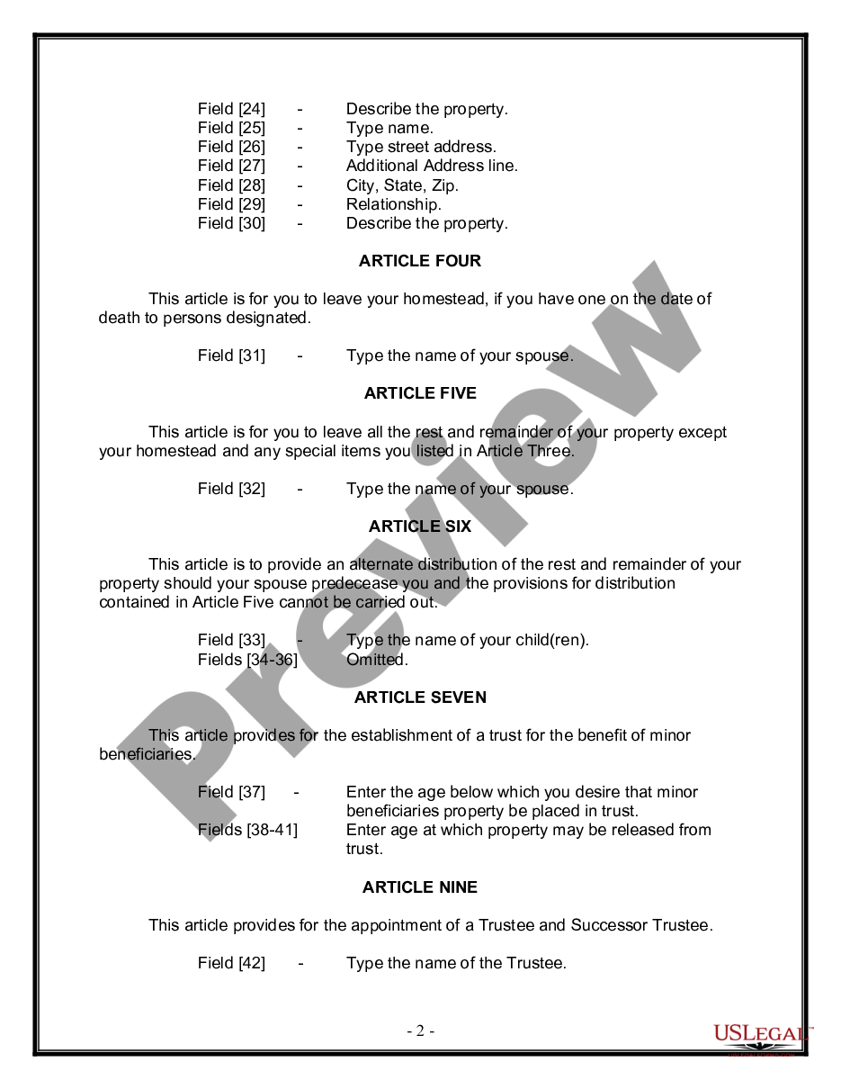 page 1 Legal Last Will and Testament Form for Married Person with Minor Children preview