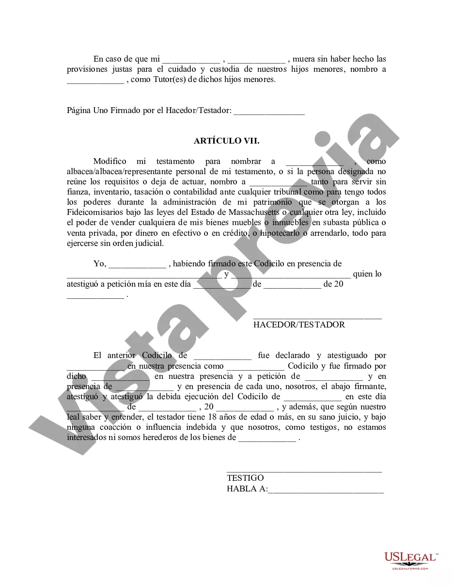 Get Codicilo al formulario de testamento para enmendar su testamento - Cambios o enmiendas de testamento Preview Codicilo al formulario de testamento para enmendar su testamento - Cambios o enmiendas de testamento