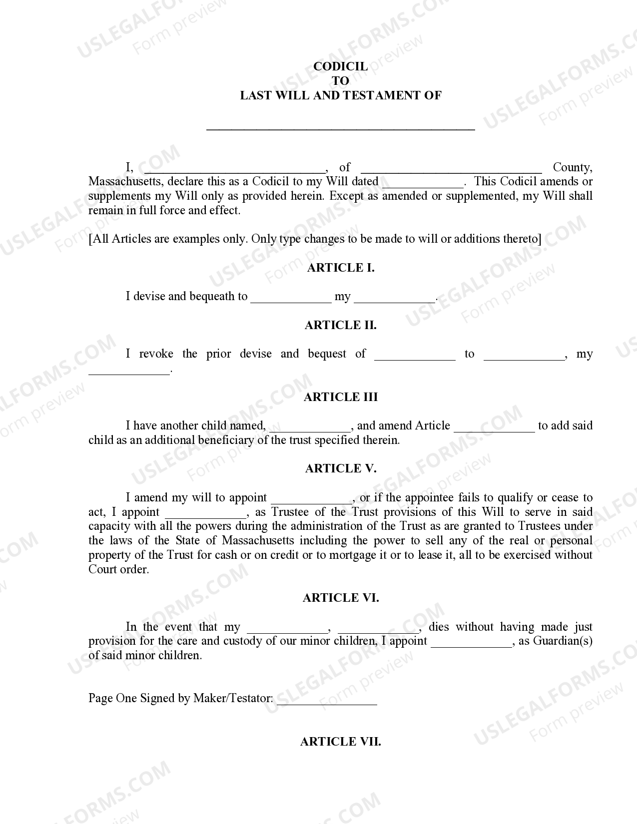 Massachusetts Codicil to Will Form for Amending Your Will Will