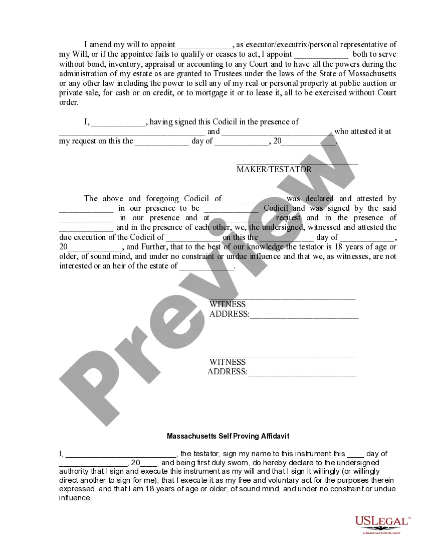 Get Codicil to Will Form for Amending Your Will - Will Changes or Amendments Preview Codicil to Will Form for Amending Your Will - Will Changes or Amendments