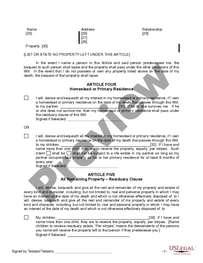 Preview Last Will and Testament for Civil Union Partner with Adult and Minor Children from Prior Marriage