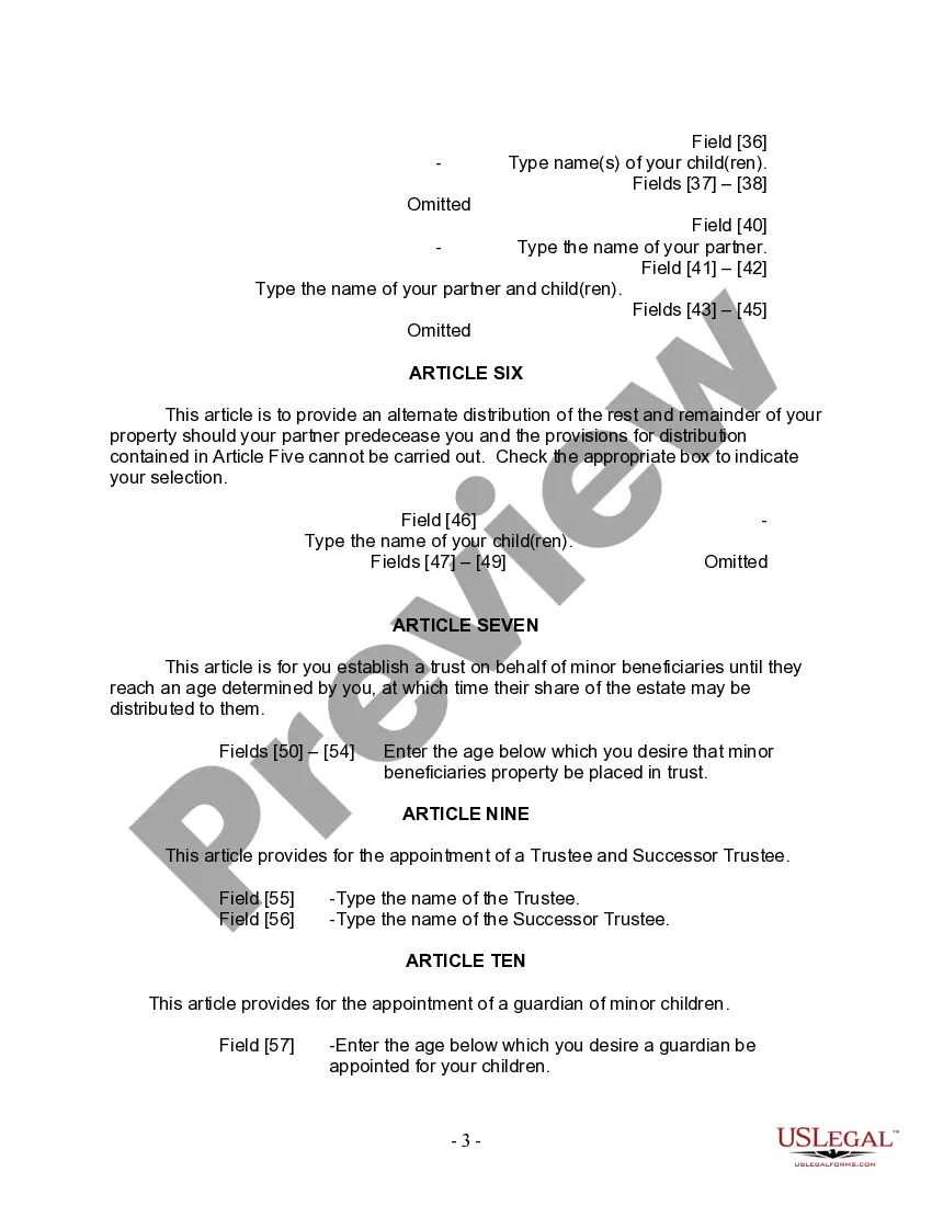 Preview Last Will and Testament for Civil Union Partner with Adult and Minor Children from Prior Marriage