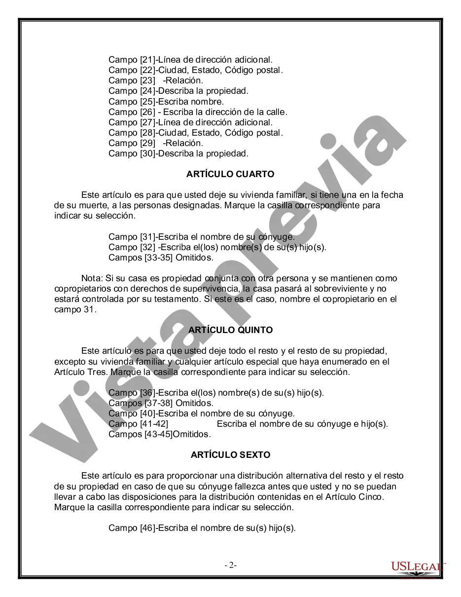 Preview Formulario Legal de Última Voluntad y Testamento para Persona Casada con Hijos Adultos y Menores de Matrimonio Anterior