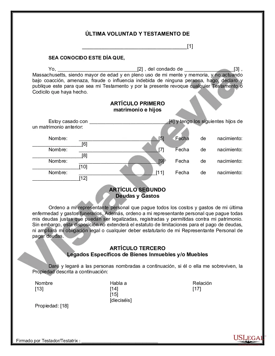 Preview Formulario Legal de Última Voluntad y Testamento para Persona Casada con Hijos Adultos y Menores de Matrimonio Anterior