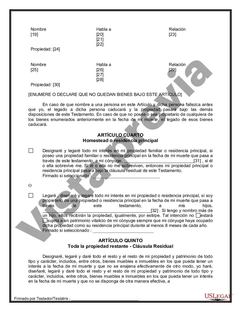 Preview Formulario Legal de Última Voluntad y Testamento para Persona Casada con Hijos Adultos y Menores de Matrimonio Anterior