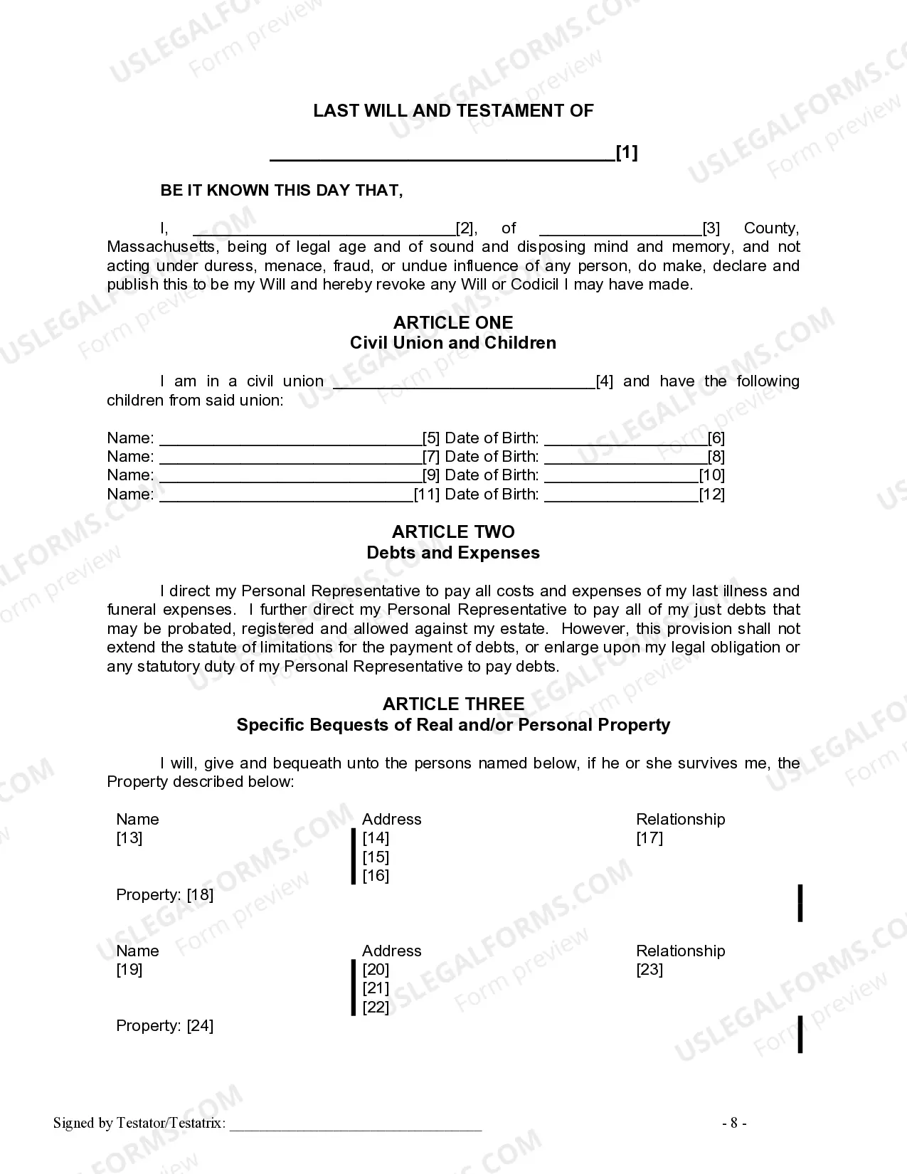 Preview Last Will and Testament for Civil Union Partner with Adult and Minor Children