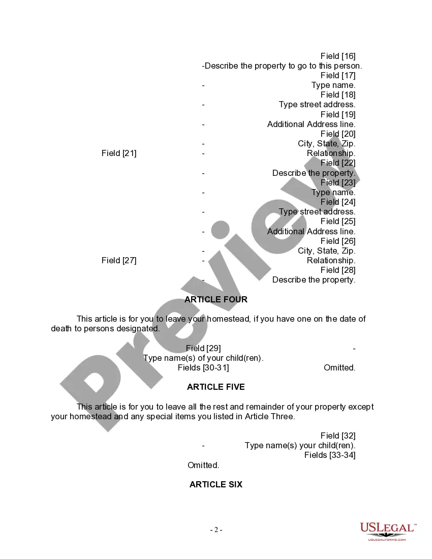Preview Last Will and Testament for a Widow or Widower with Adult Children
