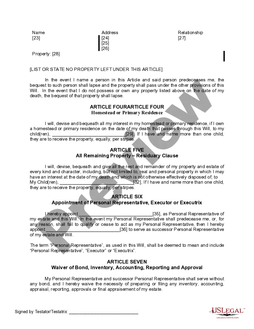 Preview Last Will and Testament for a Widow or Widower with Adult Children