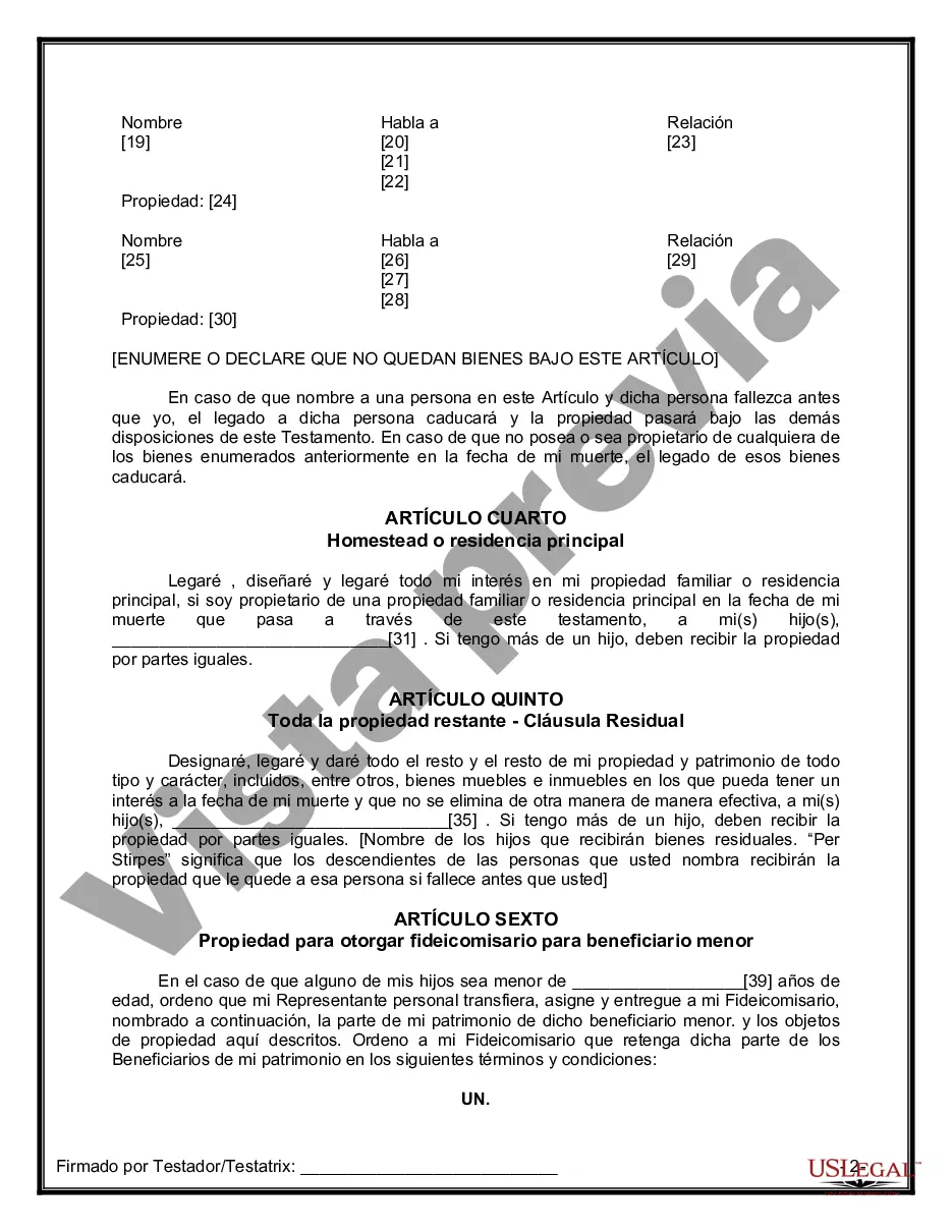 Preview Formulario de última voluntad y testamento legal para una viuda o viudo con hijos adultos y menores