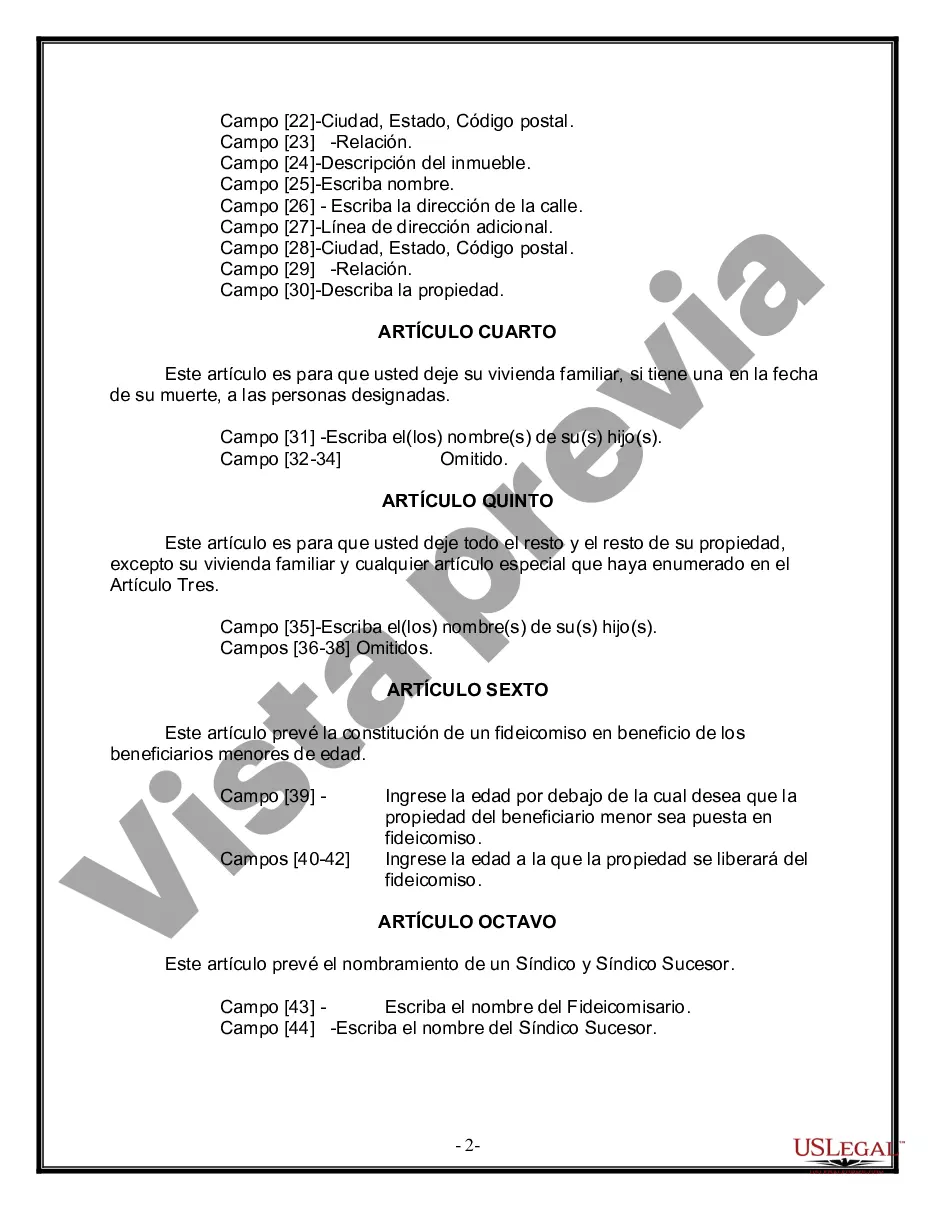 Preview Formulario de última voluntad y testamento legal para una viuda o viudo con hijos adultos y menores
