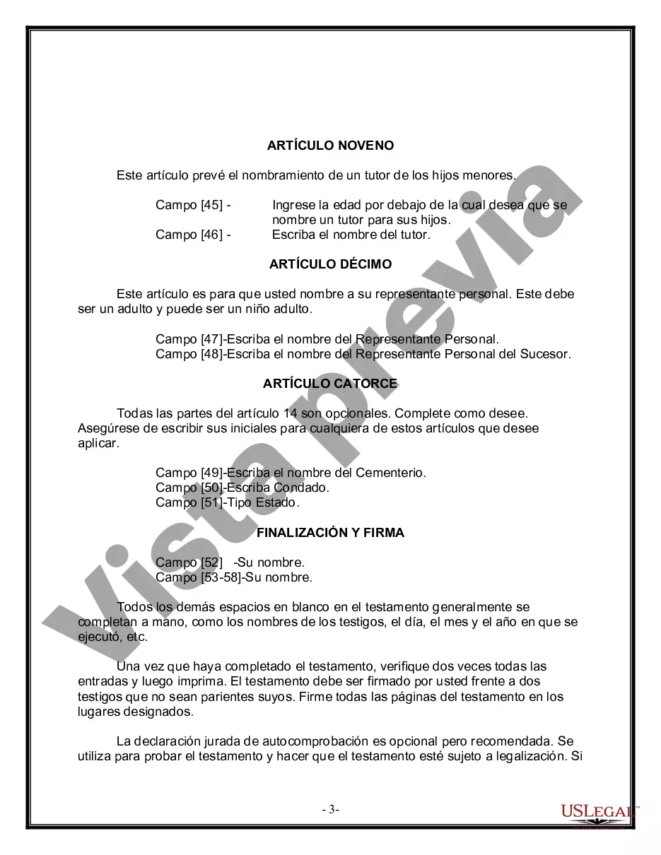 Preview Formulario de última voluntad y testamento legal para una viuda o viudo con hijos adultos y menores