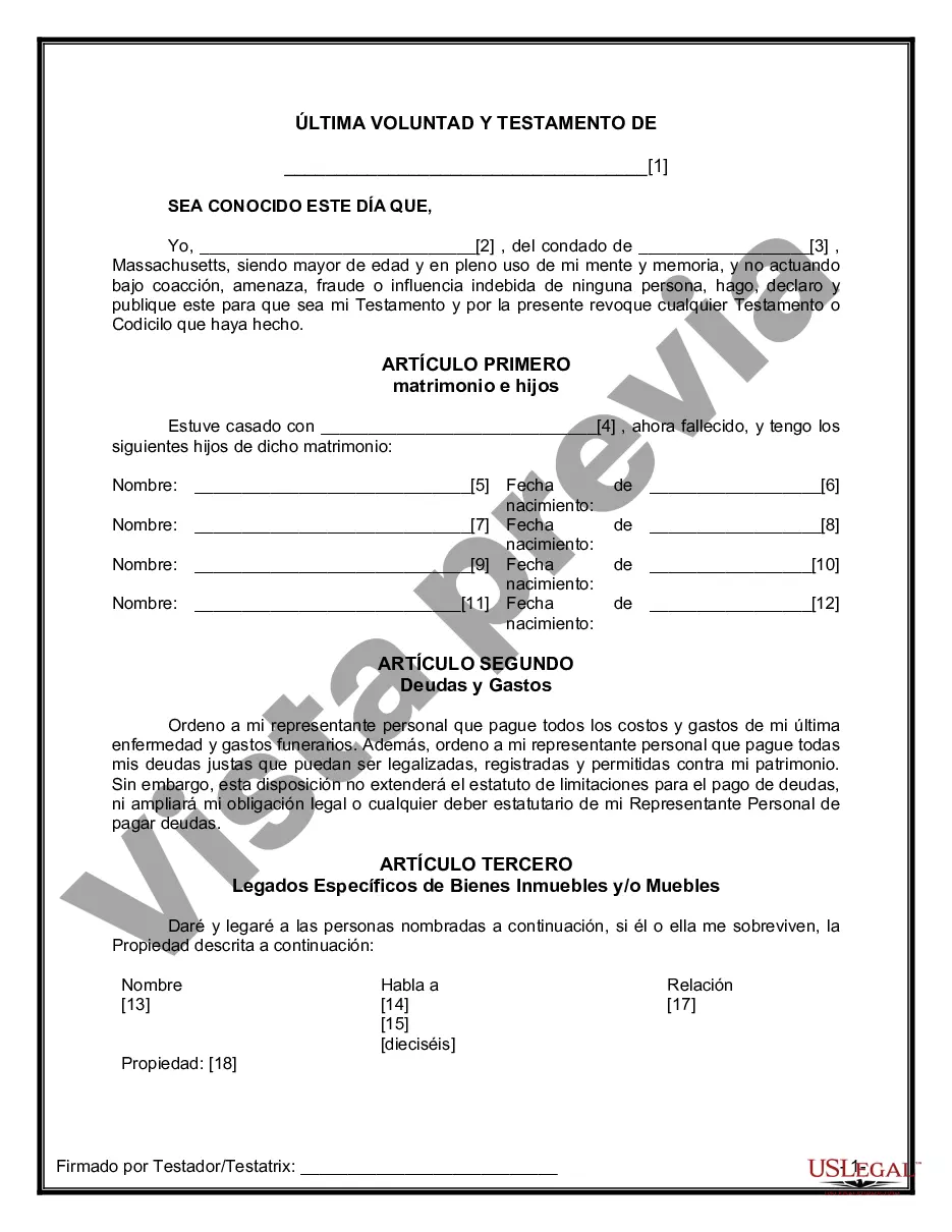 Preview Formulario de última voluntad y testamento legal para una viuda o viudo con hijos adultos y menores