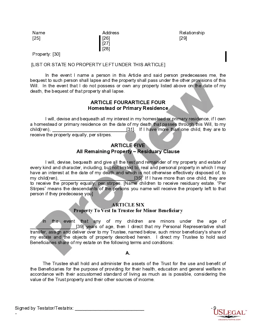 Preview Last Will and Testament for a Widow or Widower with Adult and Minor Children