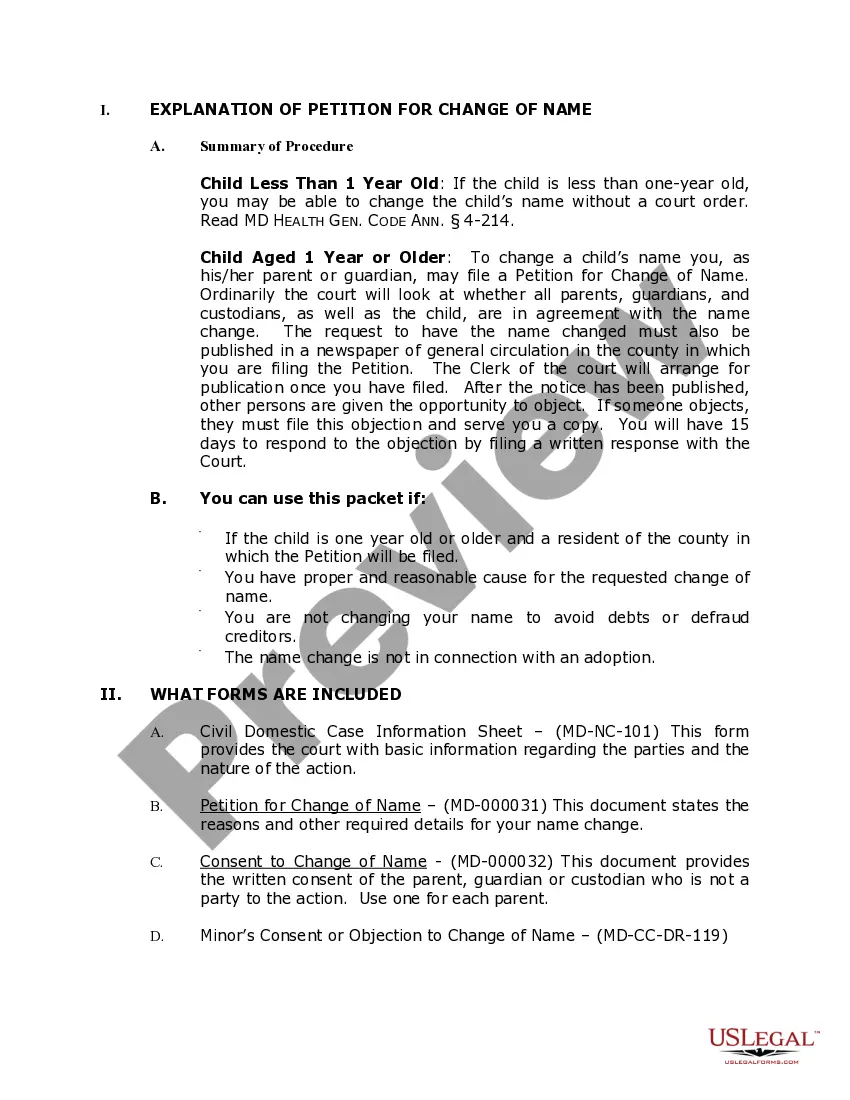 Preview Maryland Name Change Instructions and Forms Package for a Minor
