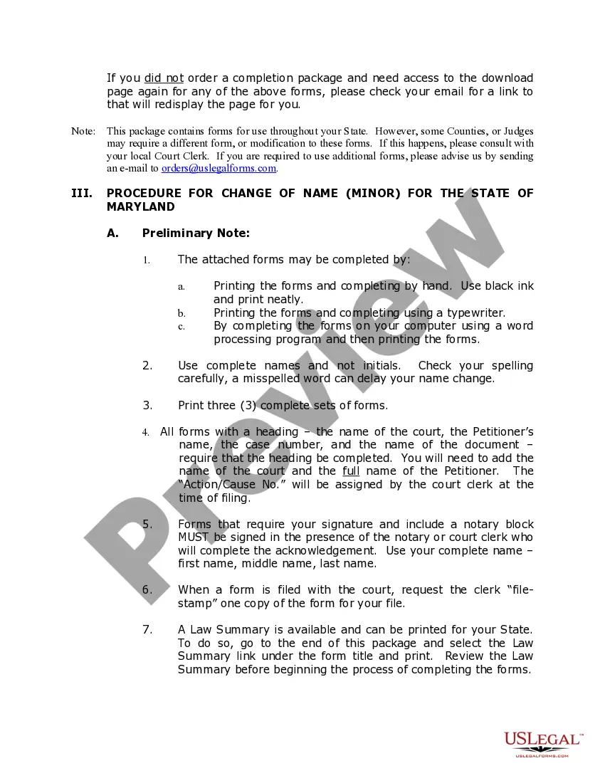 Preview Maryland Name Change Instructions and Forms Package for a Minor
