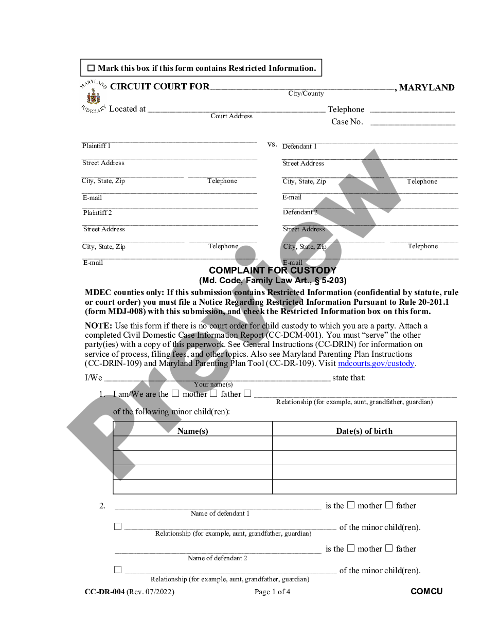 Emergency Petition For Child Custody In Maryland US Legal Forms