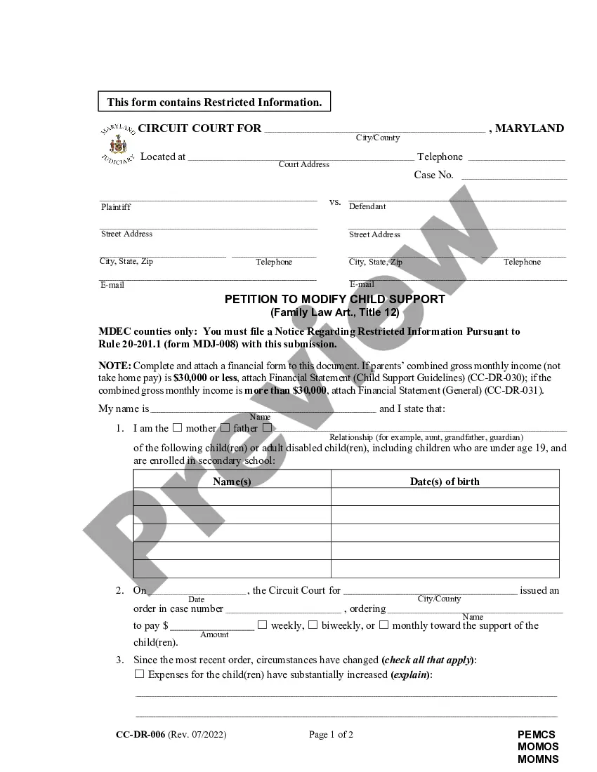 Maryland Child Support Modification Forms With Child | US Legal Forms