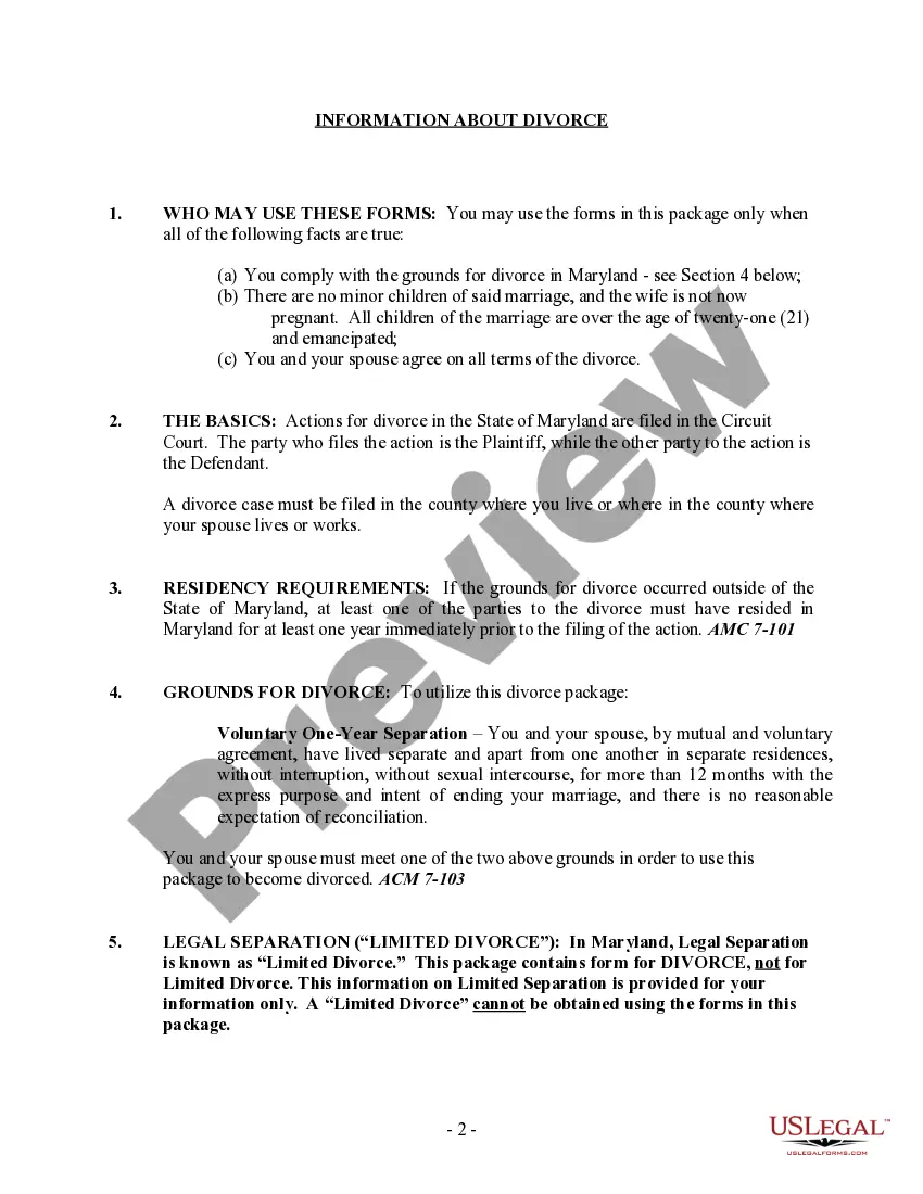 Get Maryland No-Fault Uncontested Agreed Divorce Package for Dissolution of Marriage with Adult Children and with or without Property and Debts Preview Maryland No-Fault Uncontested Agreed Divorce Package for Dissolution of Marriage with Adult Children and with or without Property and Debts