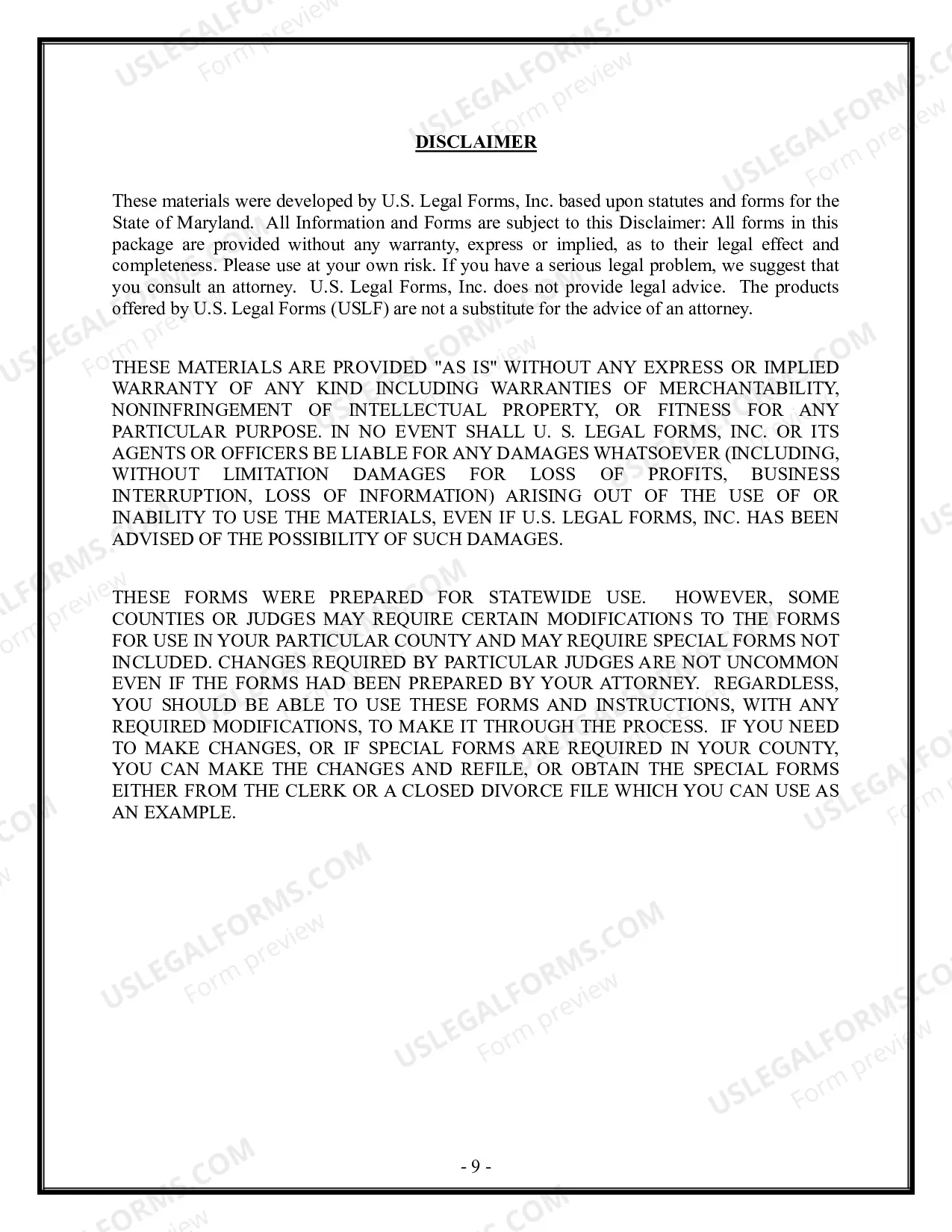 Preview Maryland No-Fault Uncontested Agreed Divorce Package for Dissolution of Marriage with Adult Children and with or without Property and Debts
