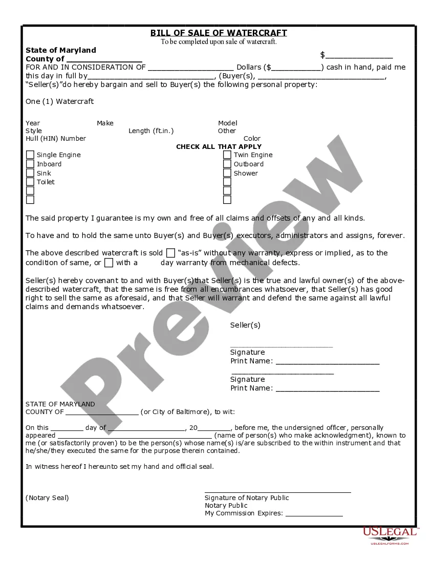 Preview Bill of Sale for WaterCraft or Boat