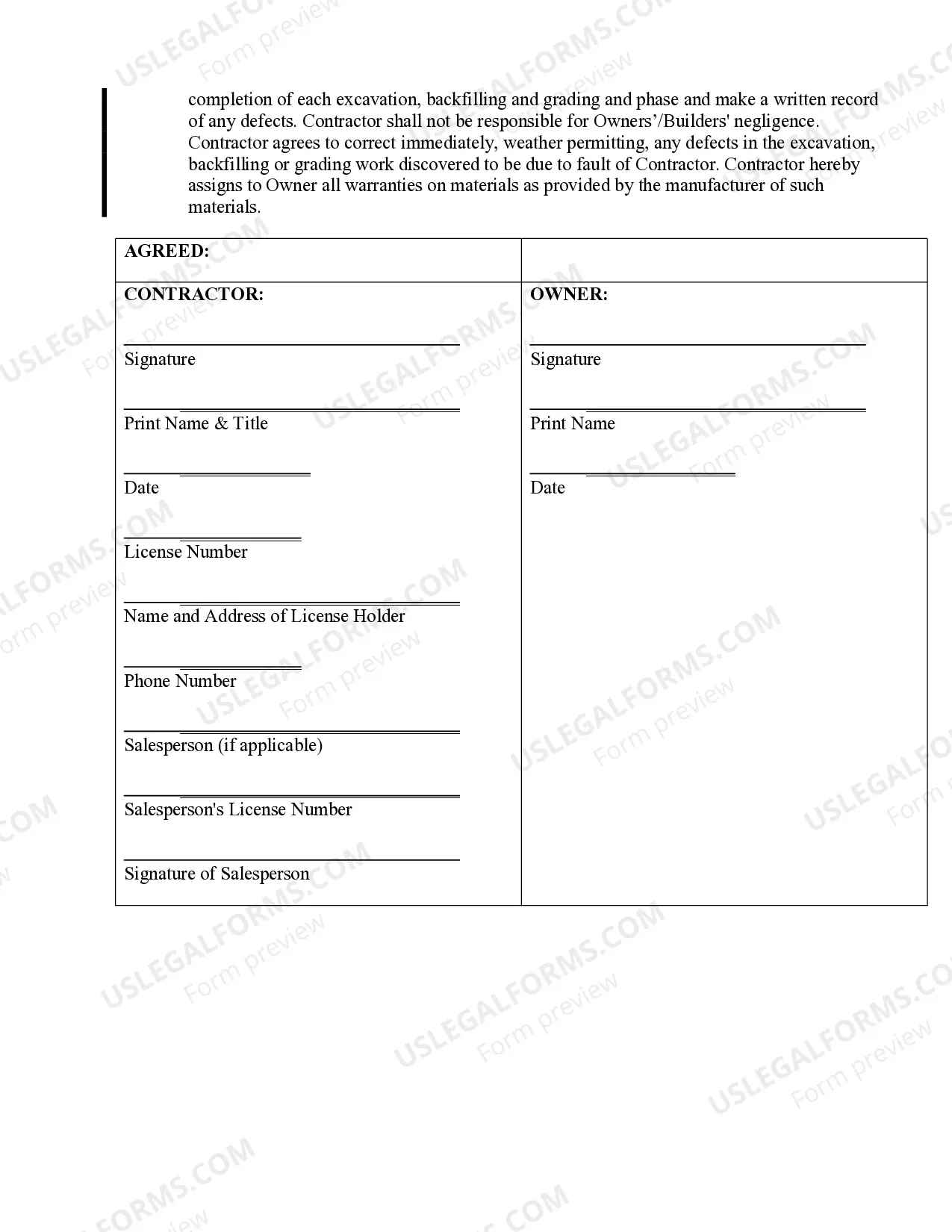 Preview Excavator Contract for Contractor