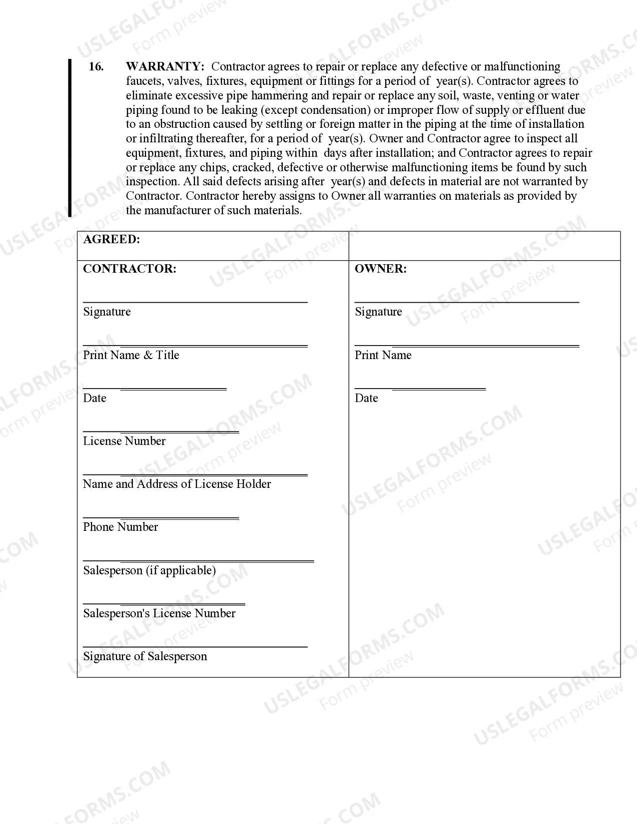 Preview Plumbing Contract for Contractor