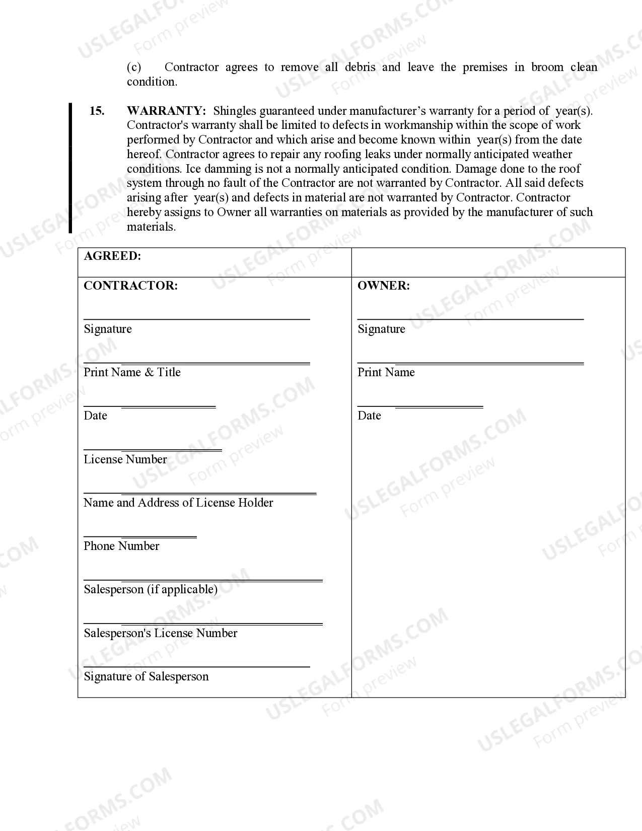 Preview Roofing Contract for Contractor