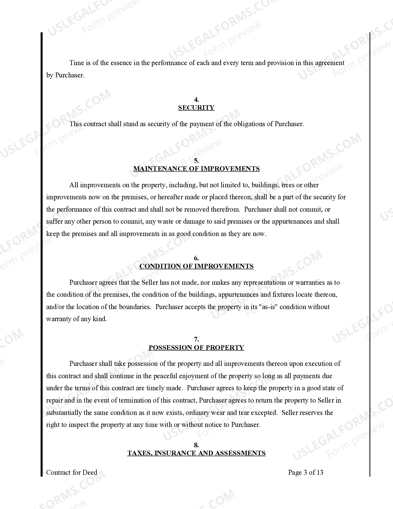 Preview Agreement or Contract for Deed for Sale and Purchase of Real Estate a/k/a Land or Executory Contract