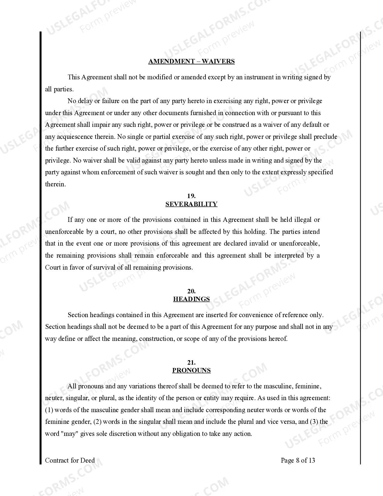Preview Agreement or Contract for Deed for Sale and Purchase of Real Estate a/k/a Land or Executory Contract