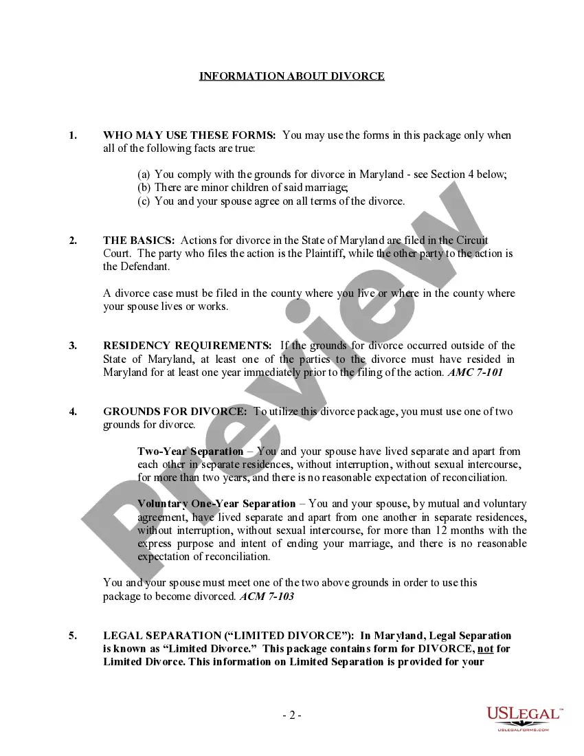 Preview Maryland No-Fault Agreed Uncontested Divorce Package for Dissolution of Marriage for people with Minor Children