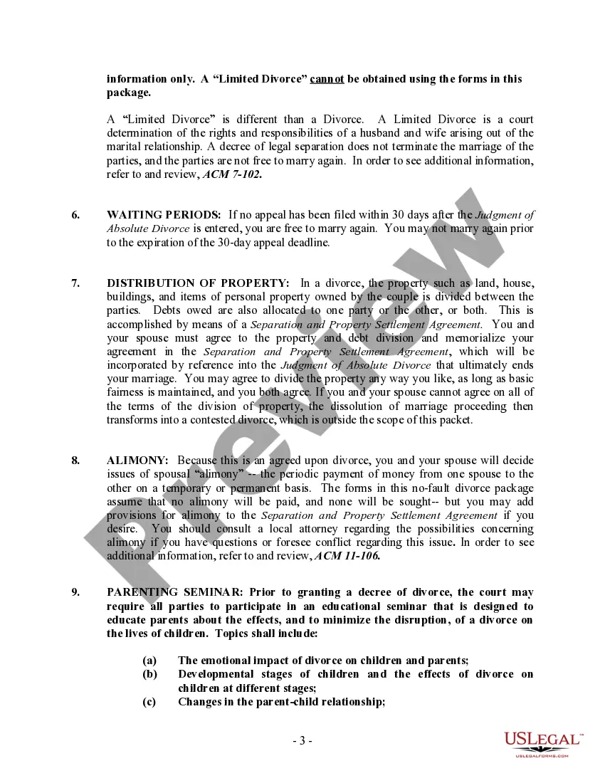 Preview Maryland No-Fault Agreed Uncontested Divorce Package for Dissolution of Marriage for people with Minor Children