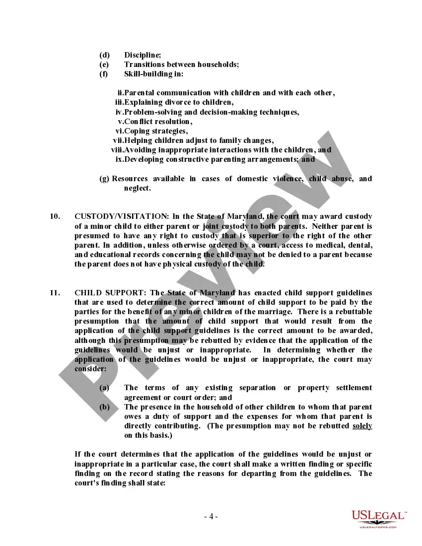 Preview Maryland No-Fault Agreed Uncontested Divorce Package for Dissolution of Marriage for people with Minor Children