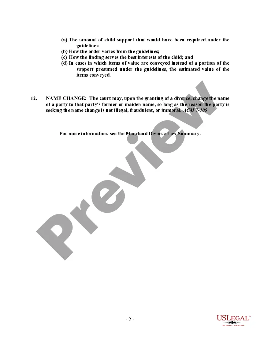 Preview Maryland No-Fault Agreed Uncontested Divorce Package for Dissolution of Marriage for people with Minor Children