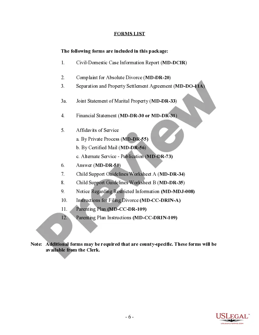 Preview Maryland No-Fault Agreed Uncontested Divorce Package for Dissolution of Marriage for people with Minor Children