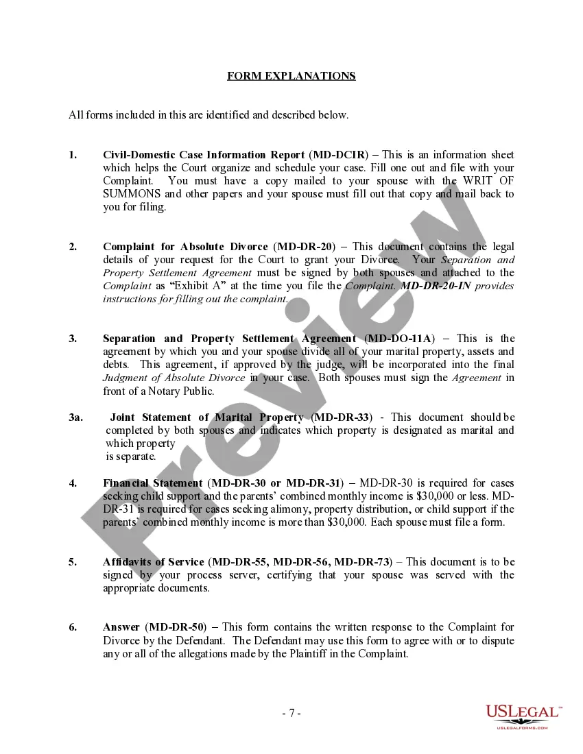 Preview Maryland No-Fault Agreed Uncontested Divorce Package for Dissolution of Marriage for people with Minor Children