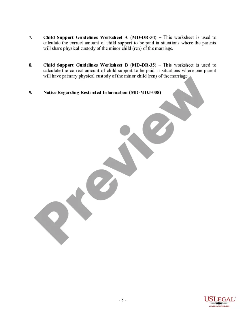 Preview Maryland No-Fault Agreed Uncontested Divorce Package for Dissolution of Marriage for people with Minor Children