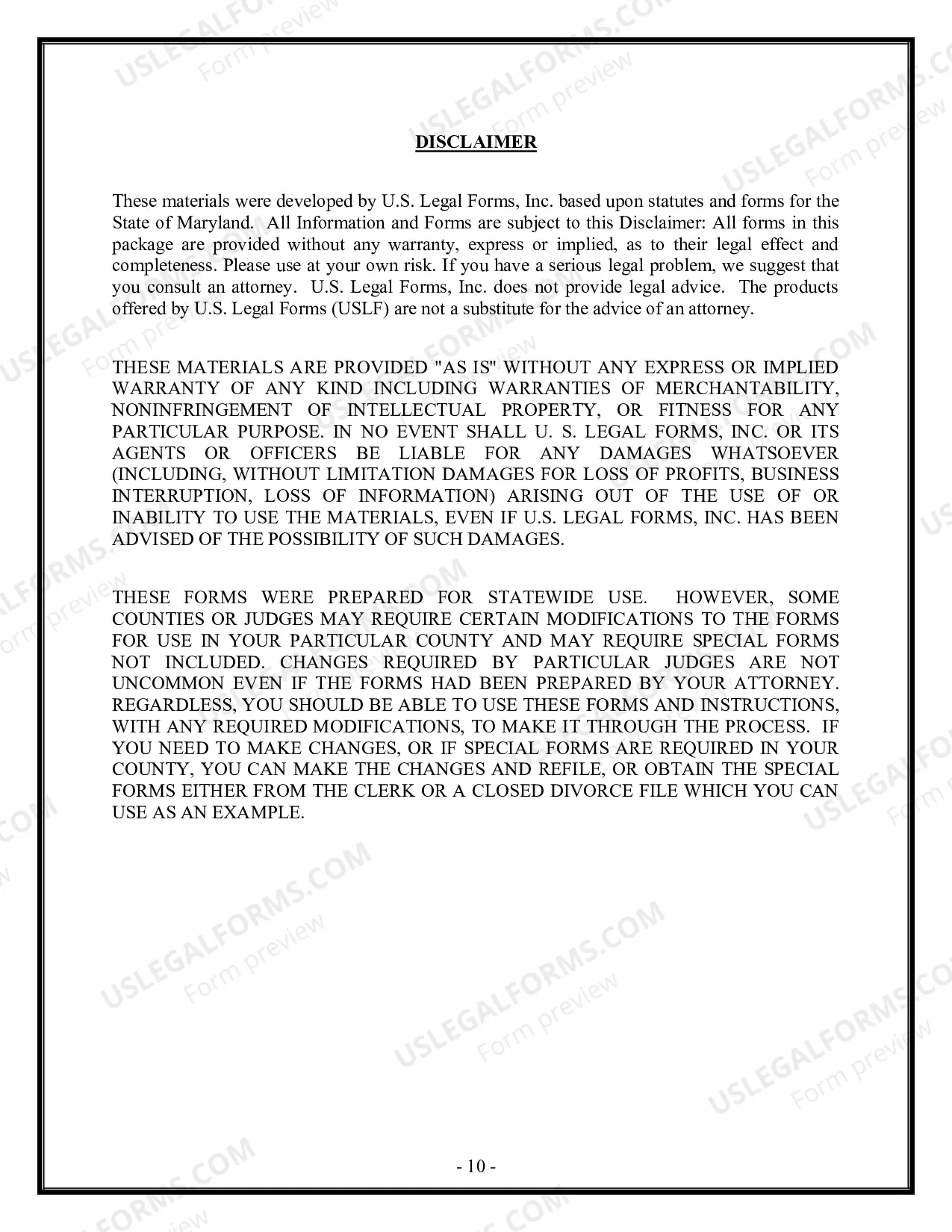 Preview Maryland No-Fault Agreed Uncontested Divorce Package for Dissolution of Marriage for Persons with No Children with or without Property and Debts