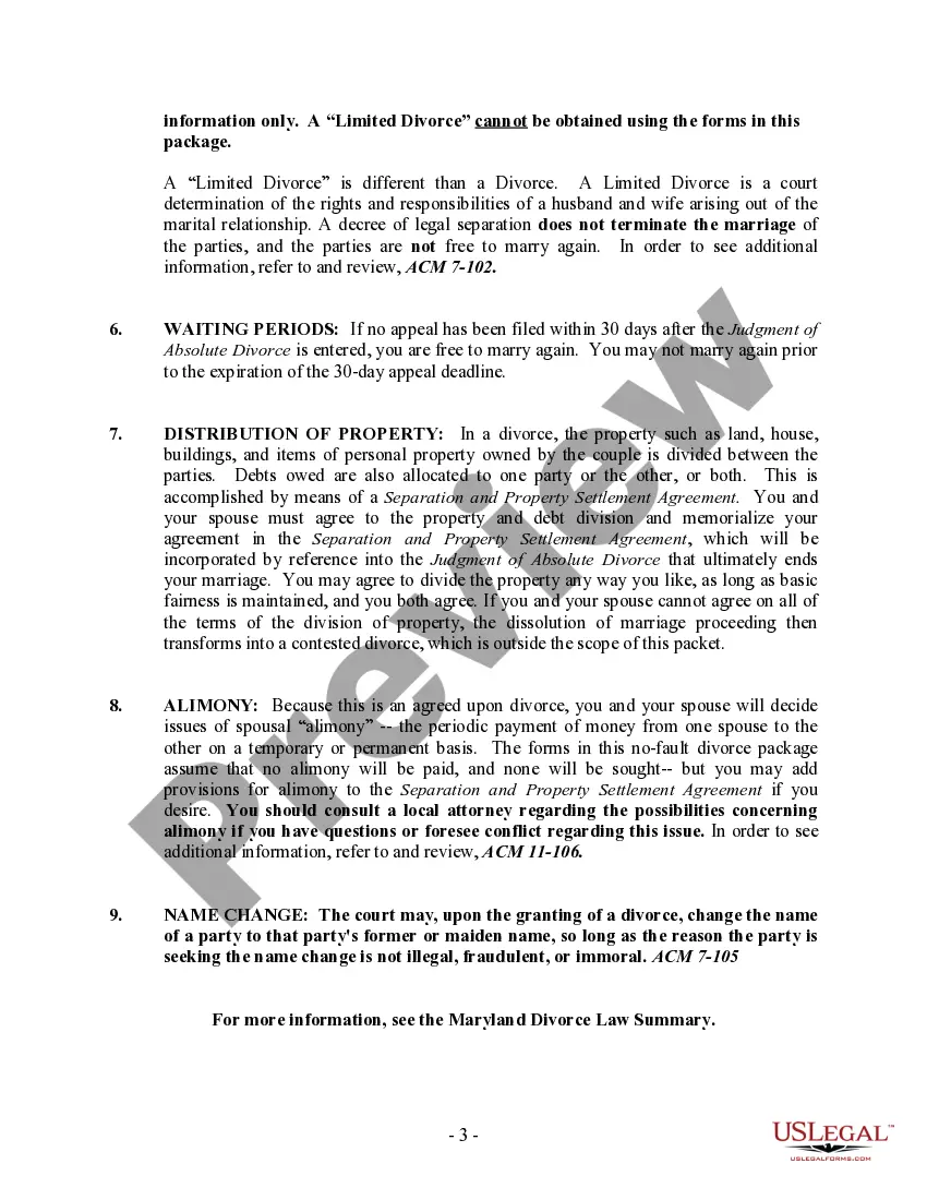 Preview Maryland No-Fault Agreed Uncontested Divorce Package for Dissolution of Marriage for Persons with No Children with or without Property and Debts