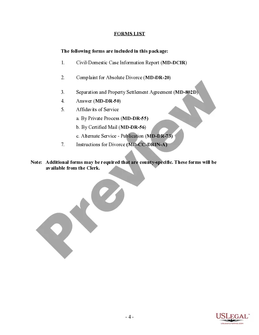 Preview Maryland No-Fault Agreed Uncontested Divorce Package for Dissolution of Marriage for Persons with No Children with or without Property and Debts