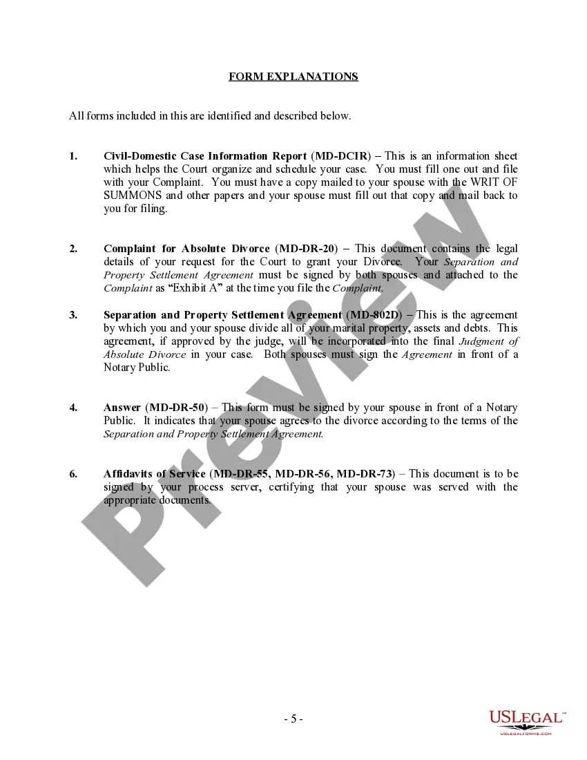 Preview Maryland No-Fault Agreed Uncontested Divorce Package for Dissolution of Marriage for Persons with No Children with or without Property and Debts