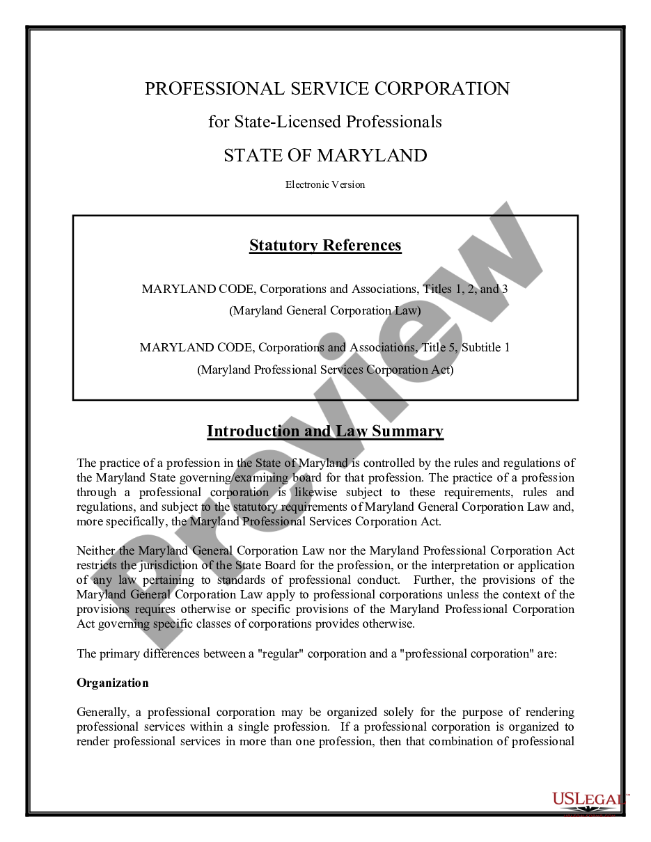 page 1 Professional Corporation Package for Maryland preview