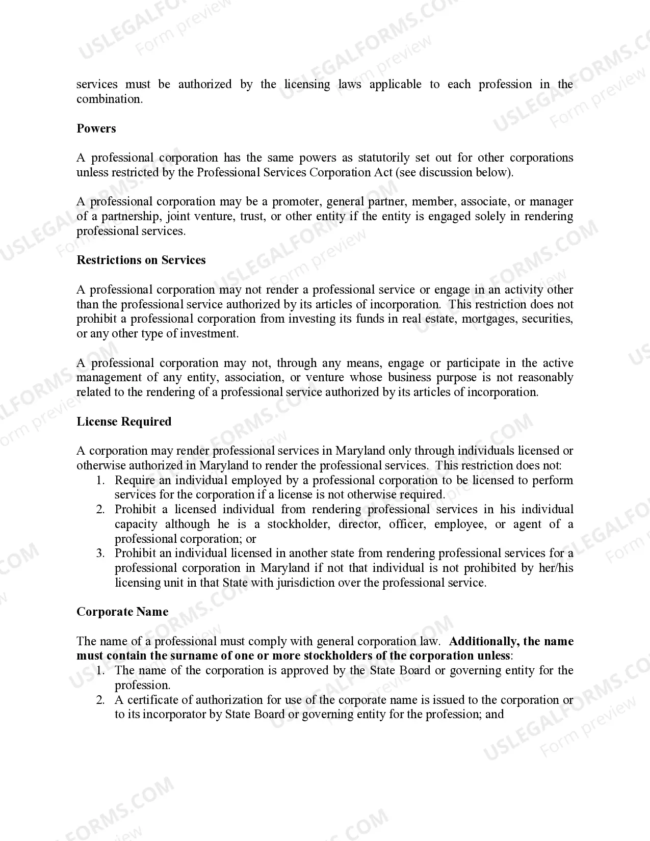 Preview Professional Corporation Package for Maryland