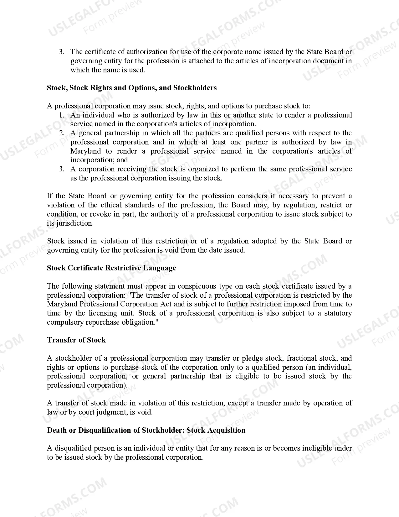 Preview Professional Corporation Package for Maryland