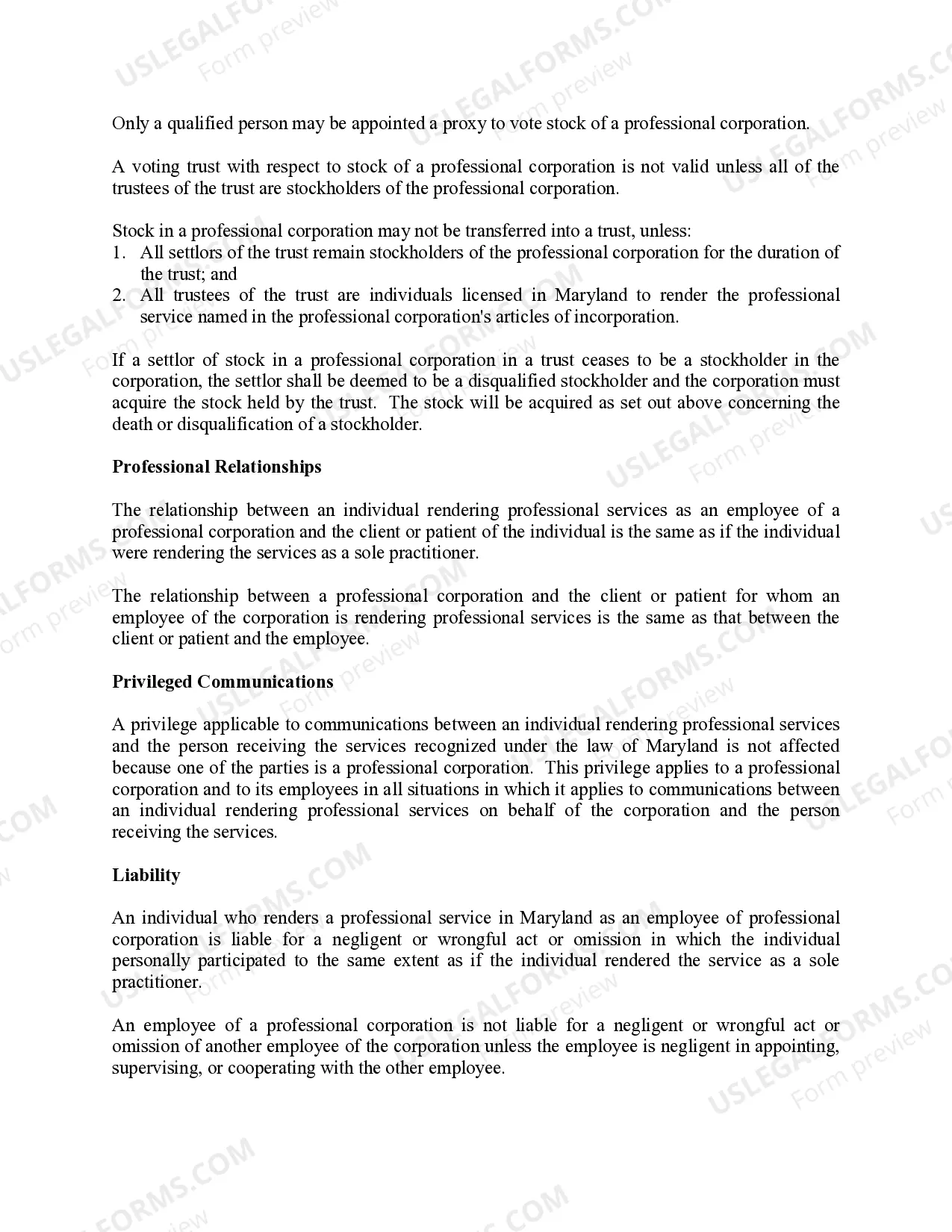 Preview Professional Corporation Package for Maryland