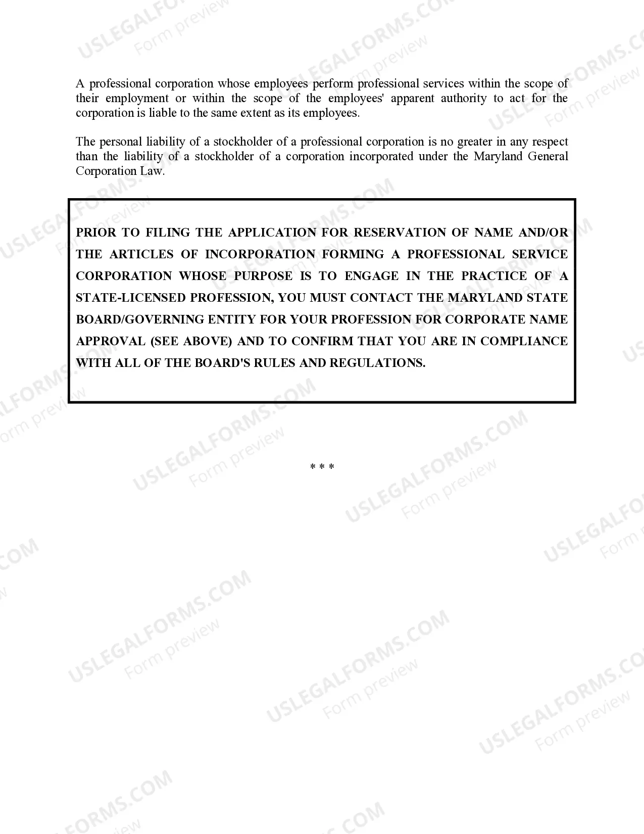 Preview Professional Corporation Package for Maryland