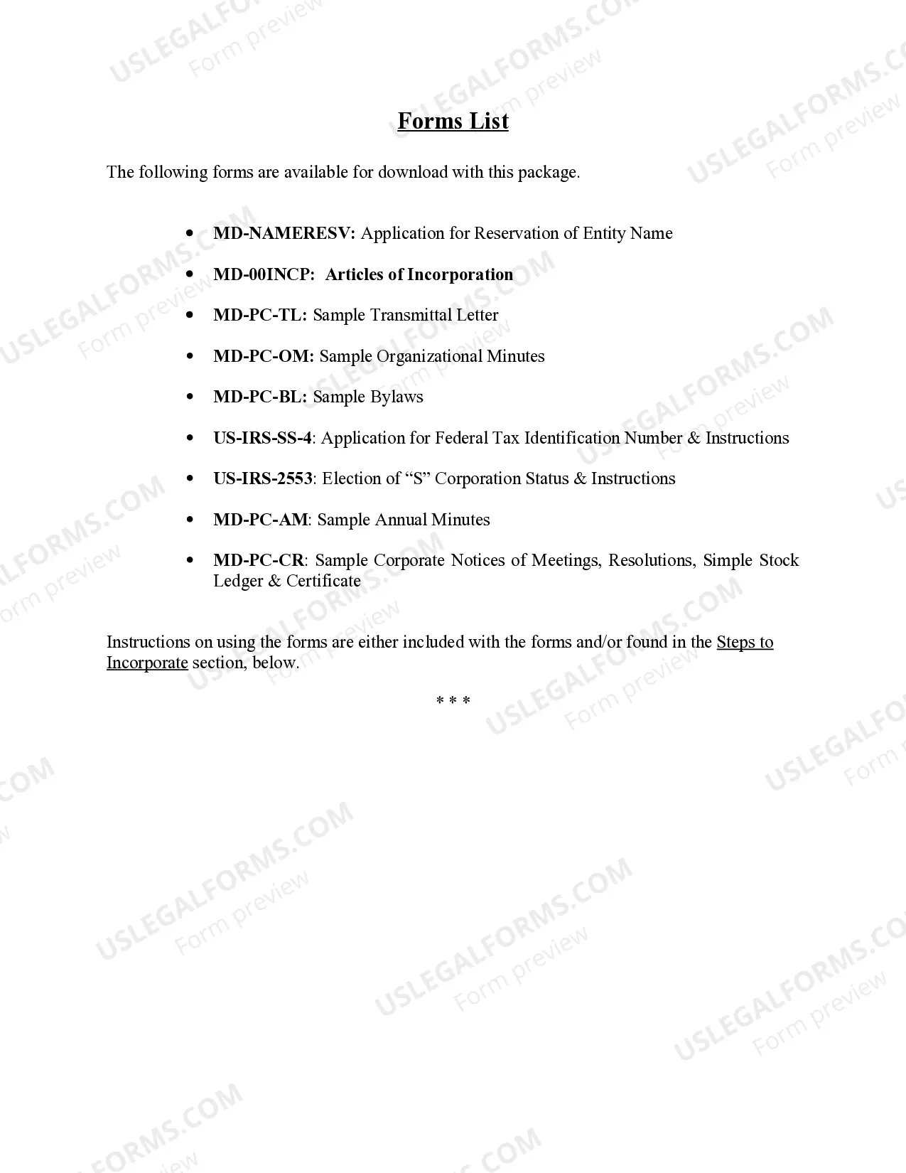 Preview Professional Corporation Package for Maryland