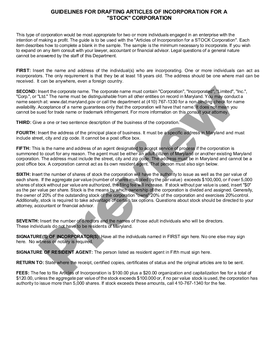 page 1 Maryland Articles of Incorporation for Domestic For-Profit Stock Corporation preview
