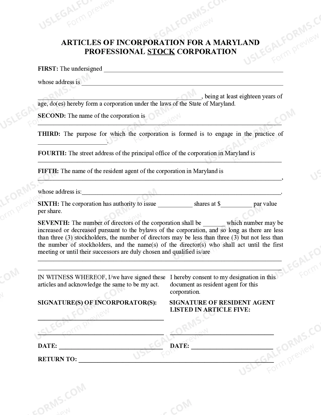 Preview Maryland Articles of Incorporation for Professional Corporation
